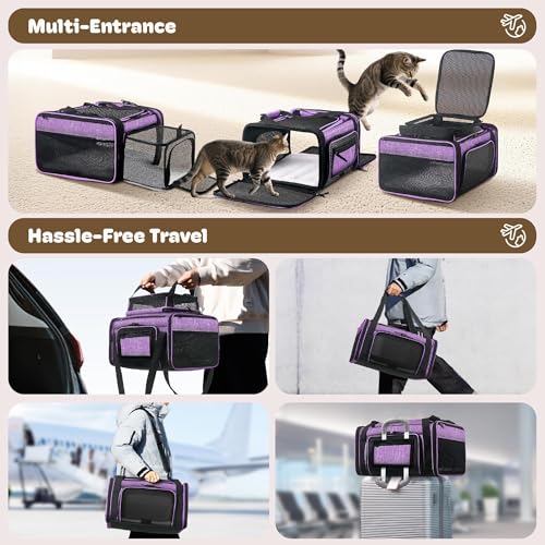 Top and 2 Sides Expandable Cat Carrier 18x13.5x9.5 TSA Airline Approved (Purple / 18.0"L x 13.5"W x 9.5"H)
