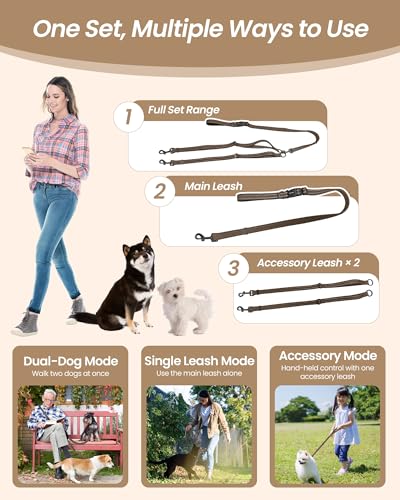3-in-1 Double Dog Leash, Hands-Free Convertible Leash for 1 or 2 Dogs (Brown)