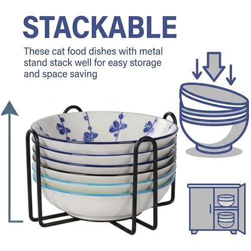 Ceramic Cat Food Bowls with Metal Holder (Classic Colors + Metal Stand)