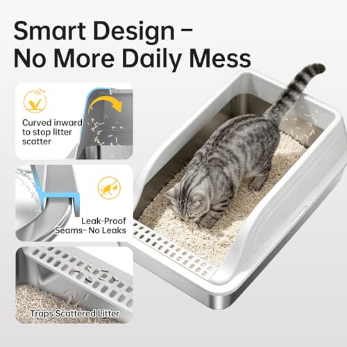 High Sided Stainless Steel XL Cat Litter Box for Cats (Grey XL 2 pack)
