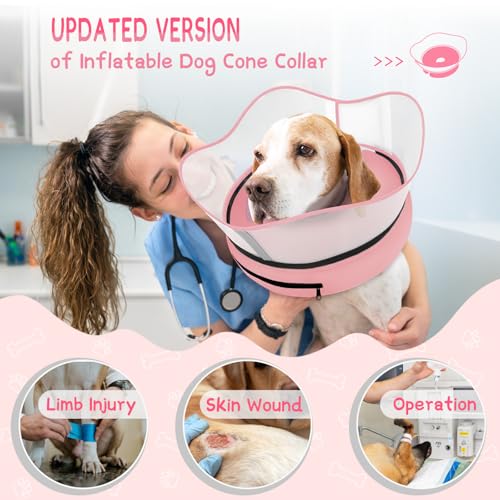 Raised Inflatable Dog Cone Collar to Stop Licking (Solid Pink / S(Neck 7"-9.5"))