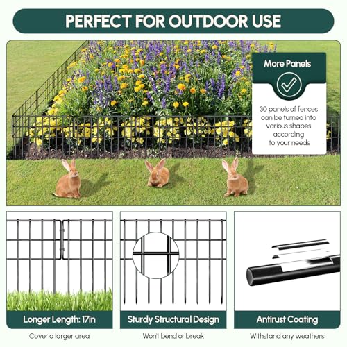 42.5ft (L) x 13in (H) Garden Fence Animal Barrier, 30 Panels No Dig Fence for Dogs, 1.35in Gap Rustproof Metal Decorative Garden Fencing, Anti Digging Barrier Ground Defense Border for Outdoor, Yard (Black / 30 panels, 42.5ft(L)×13in(H) Black)