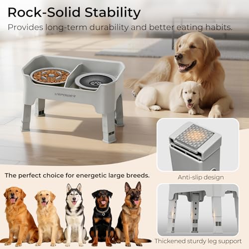 Mess Proof Elevated Dog Bowls 4 Height Adjustable Raised Stand (Light Grey / Large)