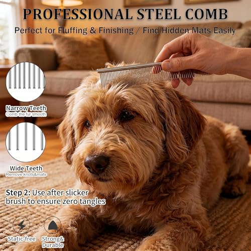 Slicker Brush for Dogs Grooming Kit with Cleaning Rake Tool 4PCS (Naturally)