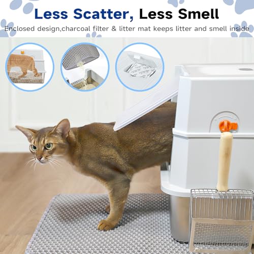 TENTIZON Stainless Steel Cat Litter Box with Lid (Light Grey)