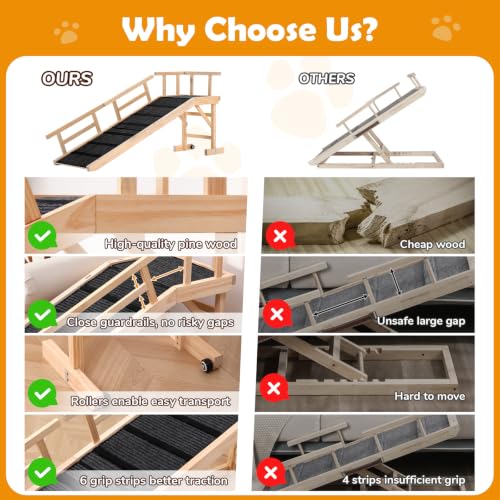 59" Wooden Dog Ramp with Platform & Wheels Gentle Slope Non (L-59"L×17"W×20"H)