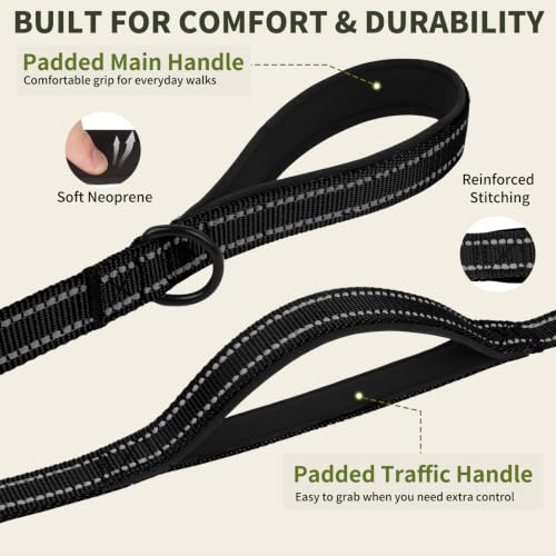 6FT Tactical Heavy Duty Dog Leash No Pull with 2 Padded Handles (Black / 6FT)