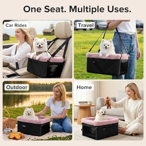 Deluxe Dog Booster Seat with Sturdy Metal Frame and Safety Leash for Small Pets up to 20 lbs (Pink)