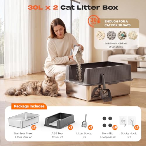 Stainless Steel Cat Litter Box with High Sides Lid (Grey)