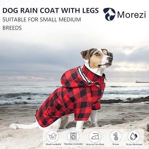 Dog rain Coat Waterproof Raincoat Puppy Jacket with Legs Buttons Zipper Hood Drawstring Fit for Yorkie Terrier Schnauzer Poodle Border Collie Labrador Golden Retriever 8lbs to 80lbs Red S (Small / Red Plaid)