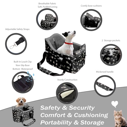 Center Console Dog Car Seat for Small Dogs Up to 11 Lbs (Black daisy)