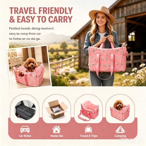 Console Dog Car Seat for Small Dogs Up to 11 Lbs (Pink daisy)