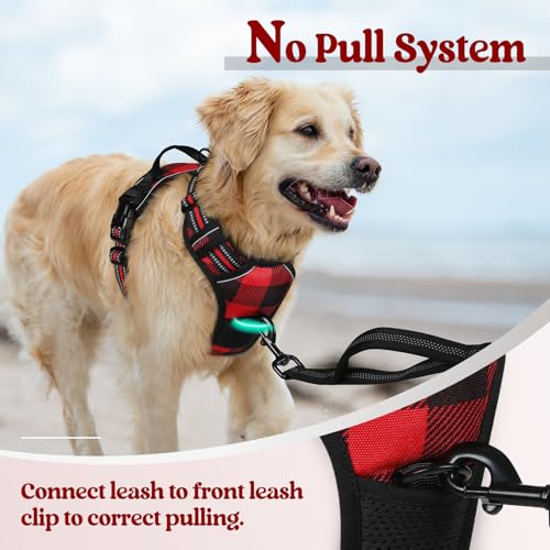 Dog Harness No Pull for Large Dogs with 2 Leash Clips (Large / Red Plaid)