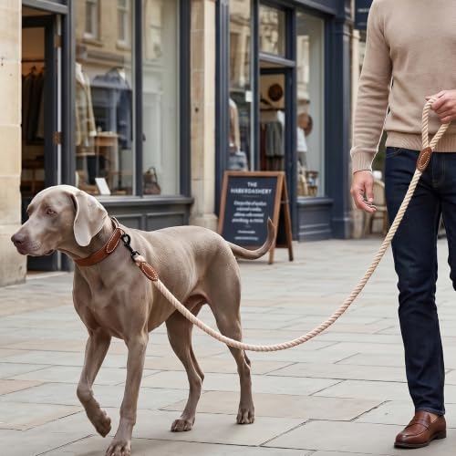 Dog Leash Braided Cotton Rope with Leather (Light Brown / 72 Inch-1/2")