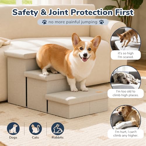 3 Step Wide Dog Stairs with Hidden Storage 18" H (Beige / 30"D x 17"W x 17.7"H)