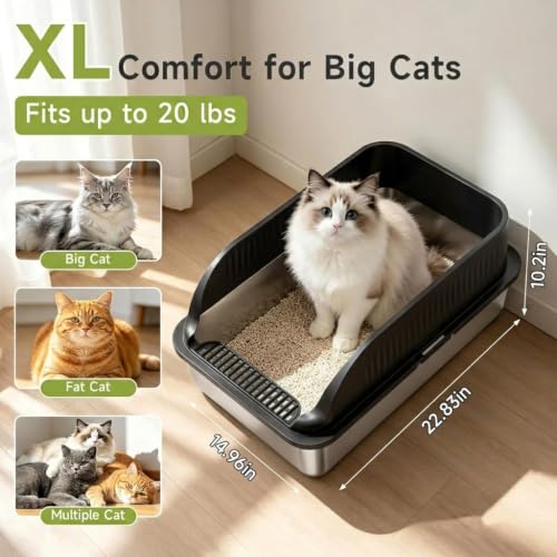 Stainless Steel Litter Box with High Sides (Black XL)