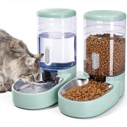 Automatic Cat Feeder and Water Dispenser with Stainless Steel Bowl Gravity Food Feeder and Waterer Set for Small Medium Dog Puppy Kitten 1 Gallon x 2 (Stainless Steel-Green)