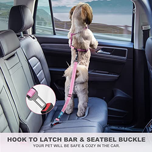 Dog Seatbelt Adjustable Reflective Bungee Harness with Aluminum Swivel Carabiner (Pink)