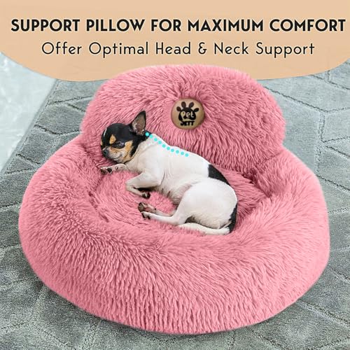 PetJett Calming Dog Bed for Small Dogs (Pink / Small - 23”L x 23”W x 8”Th)