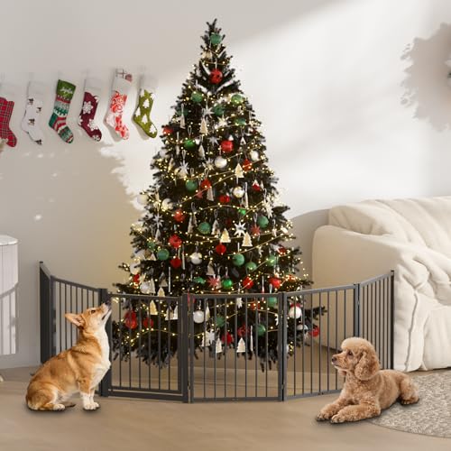 Full Metal Freestanding Dog Gate with Door (【6 Panels】120"W*24H" / Black)