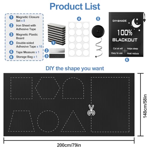 100% Magnetic Black Out Window Cover 79" x 58" Blackout Blinds No Drill (79" X 58")