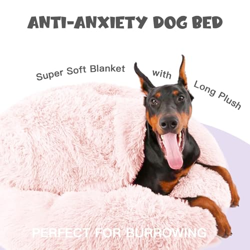 35in Covered Large Dog Bed with Blanket Attached Calming Burrow Pink (35.0"L x 35.0"W x 10.0"Th / Pink)