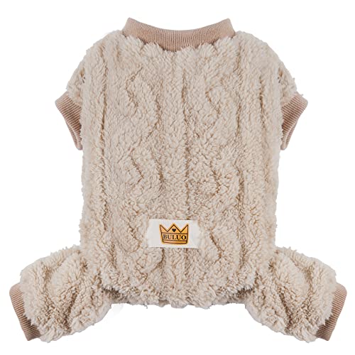 Plush Dog Pajamas for Cold Weather 4 Legged Clothes for Dog Cat Stretchy Puppy Kitten Onesie with Buttons Warm Soft Pet Jumpsuit Winter Coat Beige Large (Large / Beige)