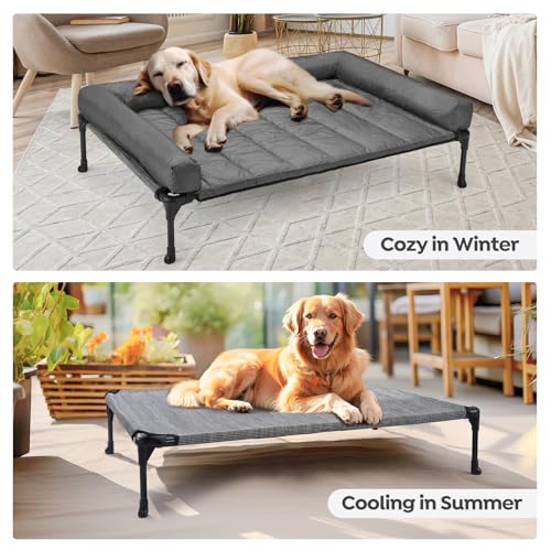 Outdoor Elevated Dog Bed with Waterproof Bolster Cushion (Black Silver / 42.0"L x 30.0"W x 7.0"Th)