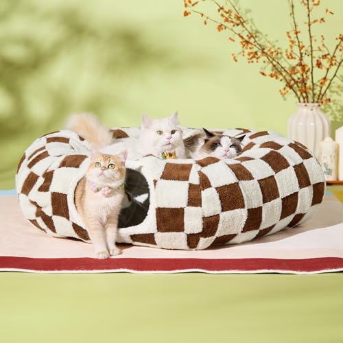 Lesure Donut Cute Jacquard Large Cat Tunnel Bed Kitten Toys for Dog Bunny (large (39.5"L x 39.5"W x 10"H) / Brown Checks)