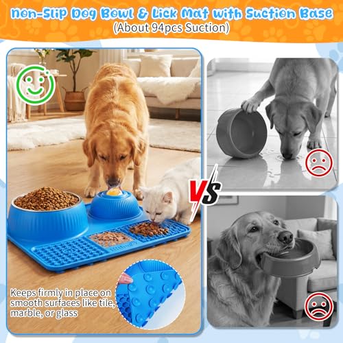 Slow Feeder Dog Bowl with Lick Mat & Interactive Rolling Ball (Light-Blue)