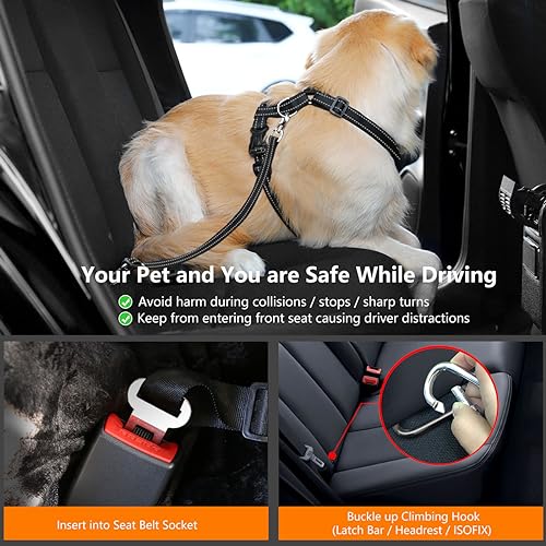 Dog Car Belt Dog Harness Reflective Strip & Adjustable Buckle (Carbon Black / XL (Chest: 24.4-34.7", Neck: 18.9-29.1"))