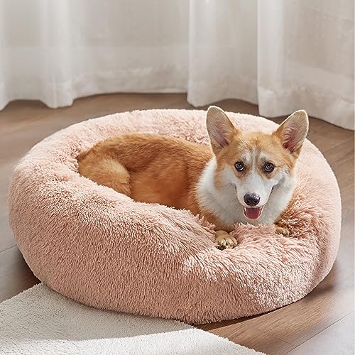 Calming Dog Bed Medium Size Dog Donut Washable Pet Bed (30"L x 30"W x 8"Th / Pink)