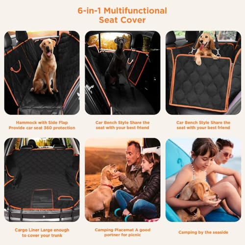 Waterproof Dog Car Seat Cover for Back Seat (Black With Orange Trim)