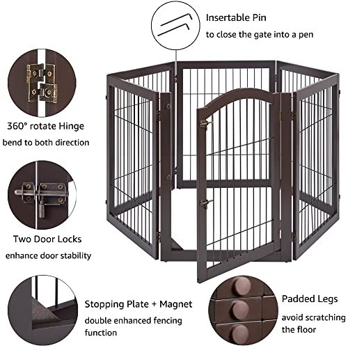 144" Extra Wide Dog Gate and Pet Playpen with Walk Through Door (Espresso / 144"W×31.5"H)