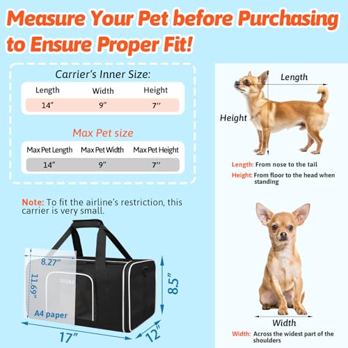 Small Pet Carrier 17"x12"x8.5" with Wheels Airline Approved (17.0"L x 12.0"W x 8.5"H / Black and Wheeled)