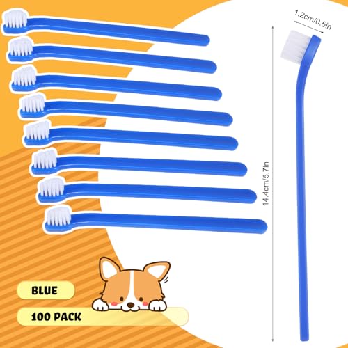 100 Pcs Small Dog Toothbrush Bulk Pack Long Handle Pet Toothbrushes with Soft Bristles (Blue)