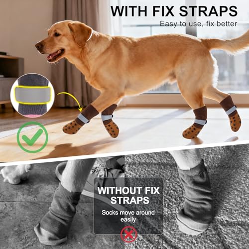 Dog Socks to Prevent Licking Paws Double Sided Grip Traction (khaki / L(2.6"-3" W | Pack of 4))