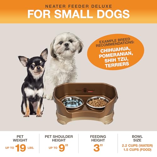 Neater Feeder Deluxe Mess Proof Dog Bowls Elevated for Small Dogs Under 19 lbs (Small with Standard Bowl / Bronze)