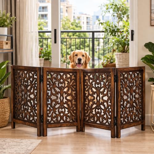 Freestanding Wood Pet Gate (Burnt / 72"x24" Leaf 4 Panels)