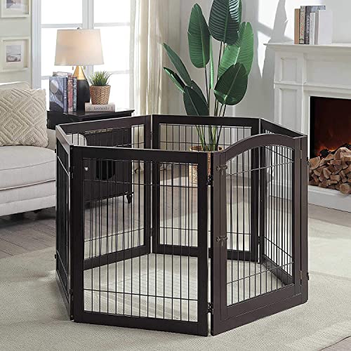 144" Extra Wide Dog Gate and Pet Playpen with Walk Through Door (Espresso / 144"W×31.5"H)