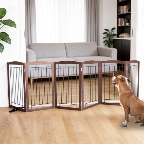 Freestanding Dog Fence Indoor (Brown / 【6 Panels】120''w x 32''h)