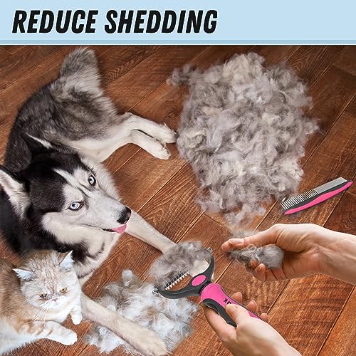 Pet Grooming Brush and Metal Comb Combo for Dogs & Cats (Pink)