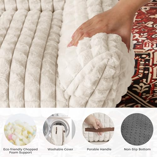 Cat Couch Bed with Fluffy Faux Rabbit Fur for Indoor Cats (Off White / Large: 36"L x 27"W x 10"Th)