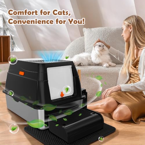 XL Stainless Steel Cat Litter Box with Lid (Black)