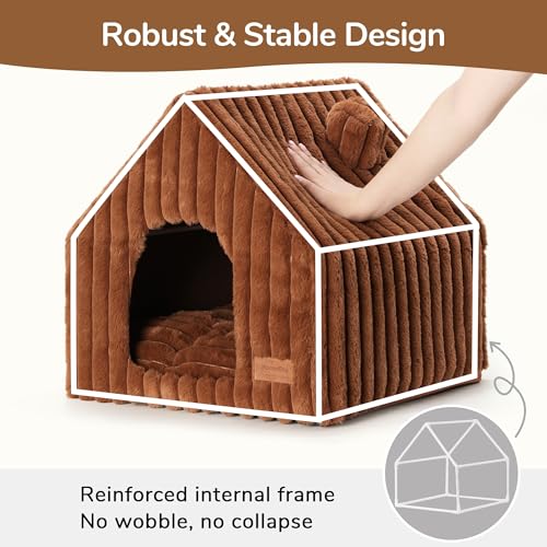 Cat Bed Cave Enclosed Washable Covered Dog Bed with Support Frame (Brown / 17 Inch (Cats up to 15 lbs, Dogs up to 10 lbs))