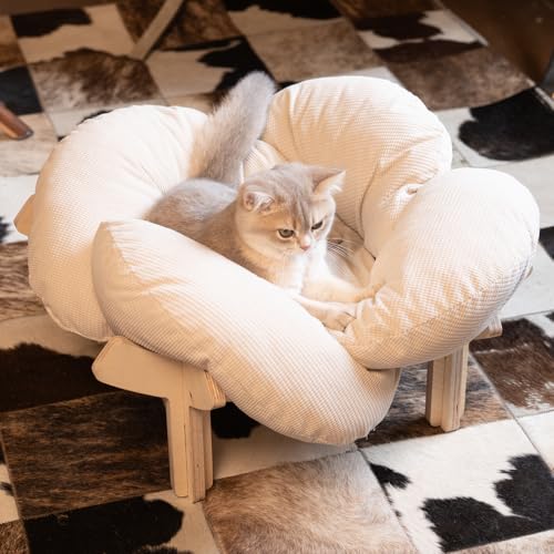 Elevated Cat Bed for Indoor Cats Couch Sofa Flower (White)