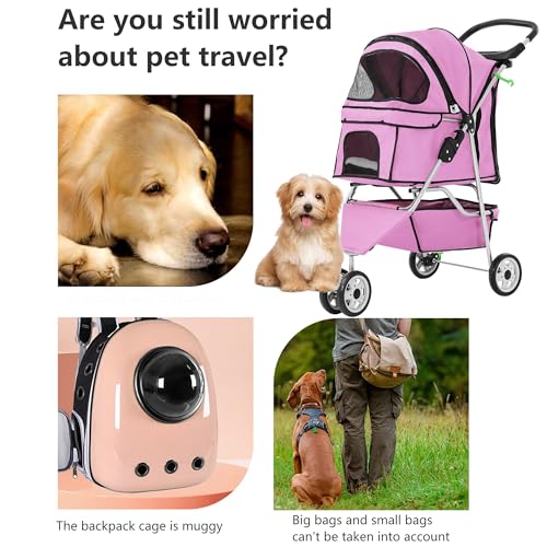 3 Wheel Foldable Pet Stroller (Peach Pink / 3 Wheels)