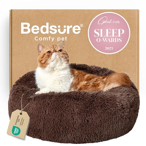 Calming Cat Beds Donut Round Washable Kitten Bed (20"L x 20"W x 6"Th / Coffee)