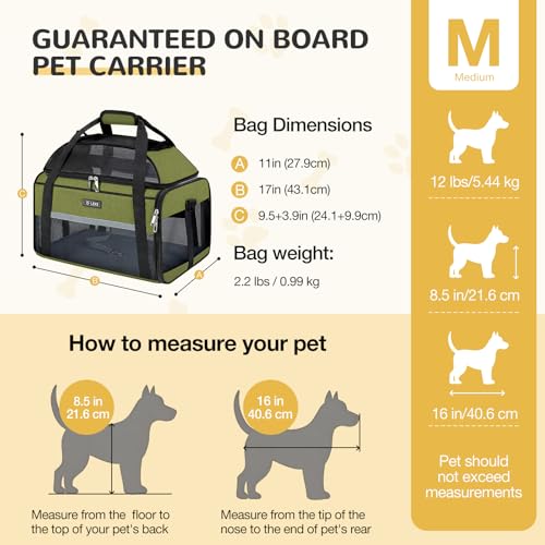 Top Expandable Pet Carrier 17x11x9.5 Inch Alaska Hawaiian Airline Approved Soft Sided Underseat to 12lbs Travel Carriers for Small Dogs and Cats with Locking Safety Zippers Anti (Dark Green)