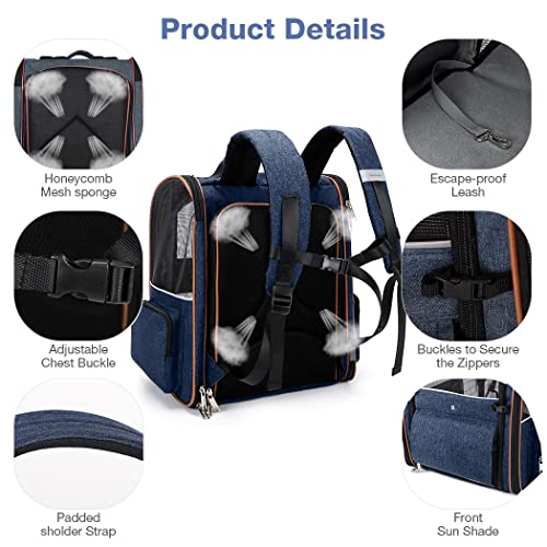Large Cat Backpack Carrier Expandable Pet Carrier Backpack for Small Dogs Medium Cats Fit Up to 18 Lbs (Blue)